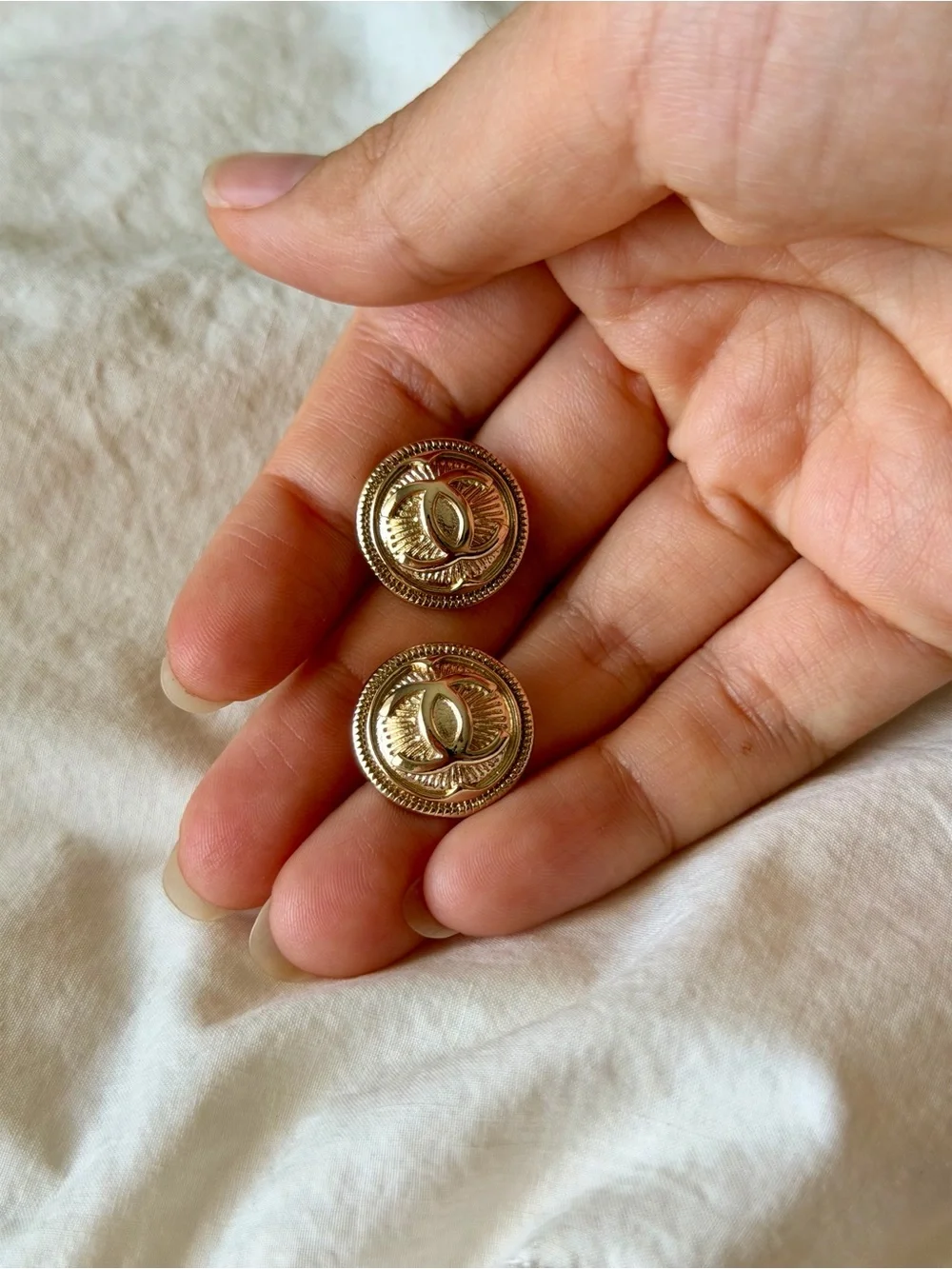 CHANEL Gold Round Interlocking CC Button Earrings